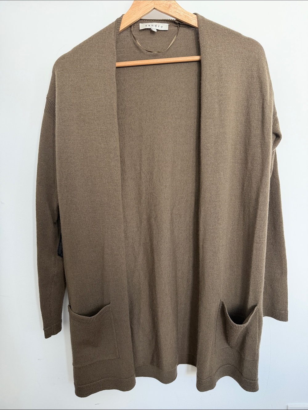 Sandro Oversized Cardigan with Leather Elbows and Zip Detail